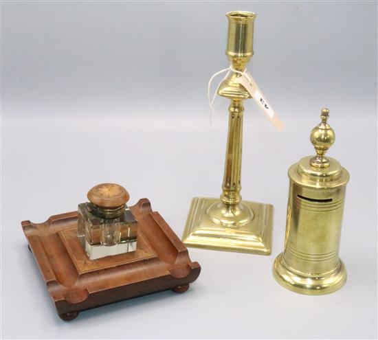 Inkwell, Georgian brass candlesticks & a money box